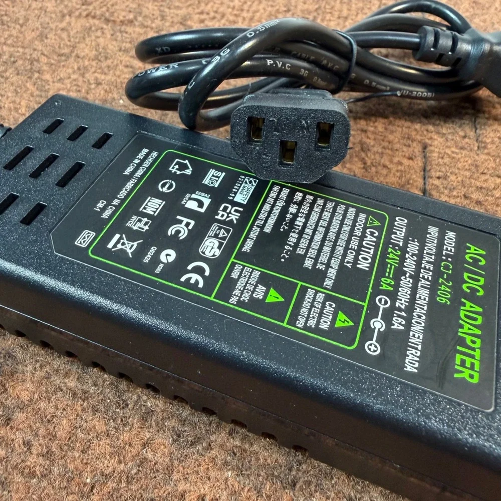 AC/DC Adapter 24V 6A Power Supply Charger Model CJ-2406 Black with Power Cord